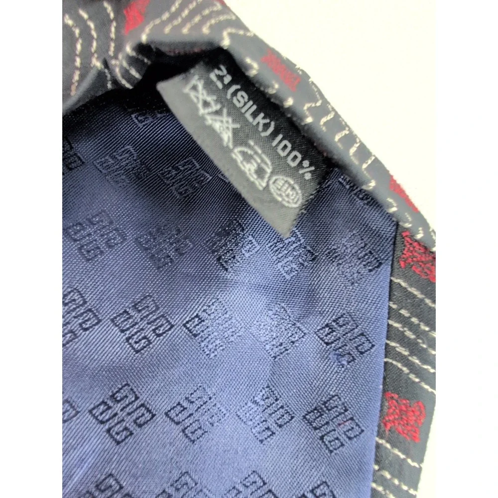 Monsieur Givenchy Necktie Navy Blue Vintage Silk Geometric Wavy Pattern Tie